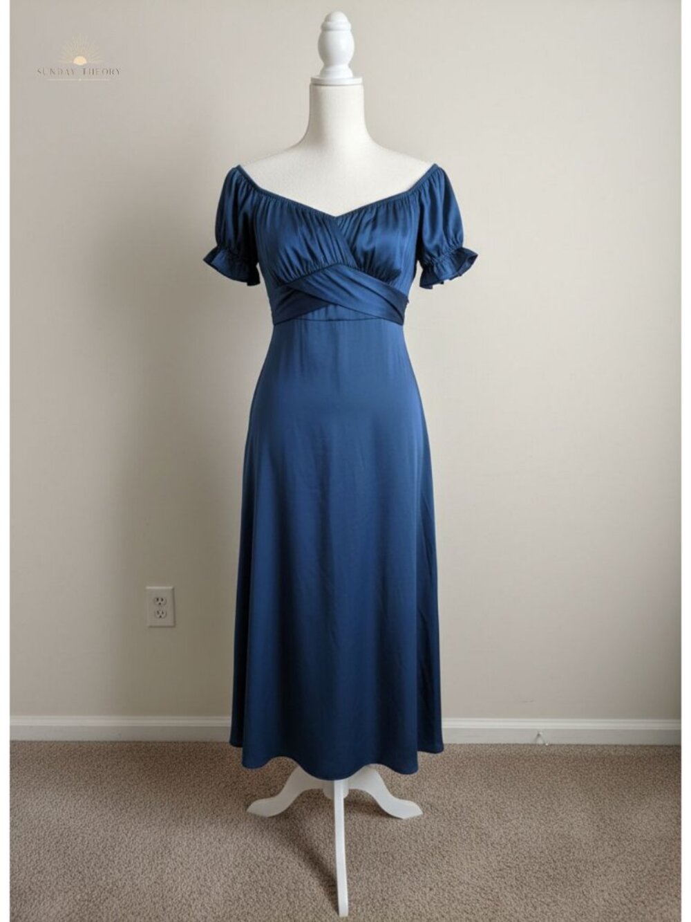 Satin Off Shoulder Midi Cocktail Dress with Puff Sleeves Formal Party